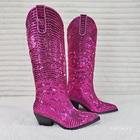 Mirage Fuchsia Pink Rhinestone Pull On Western Cowgirl Knee Boots - Picture 17 of 17